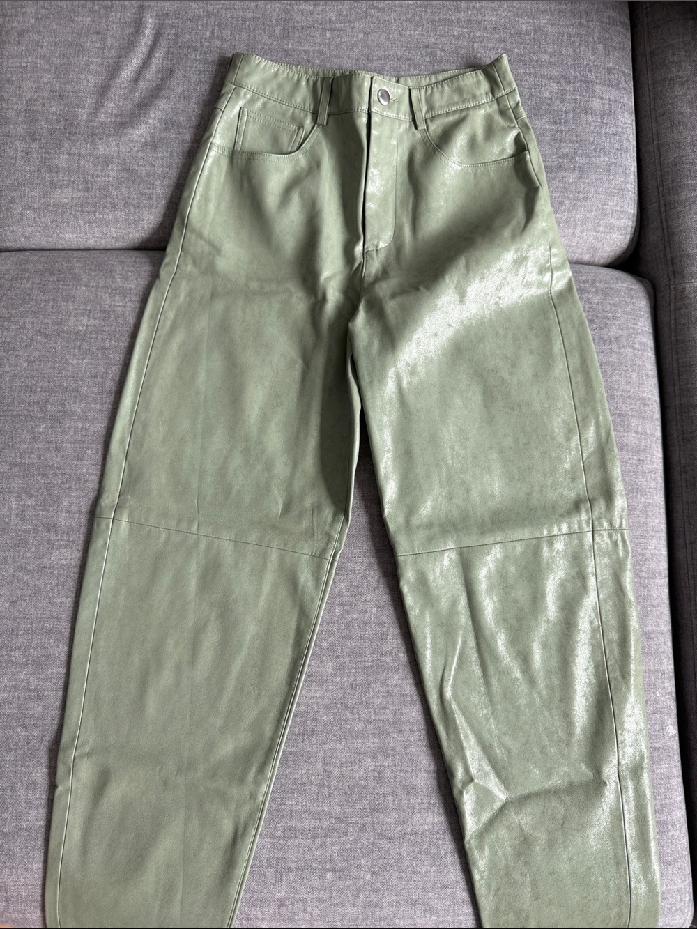 Mango Olive Green Faux Leather High-Waist Pants
